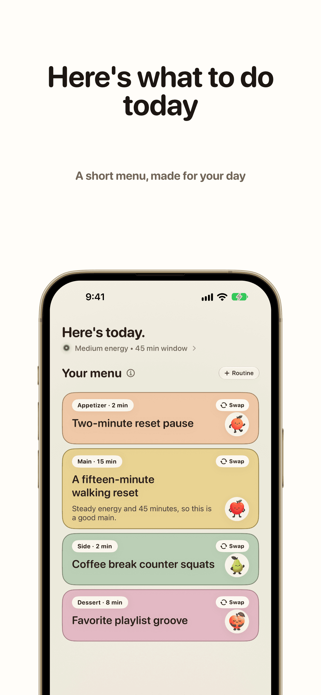 FeelGood daily menu shown on iPhone